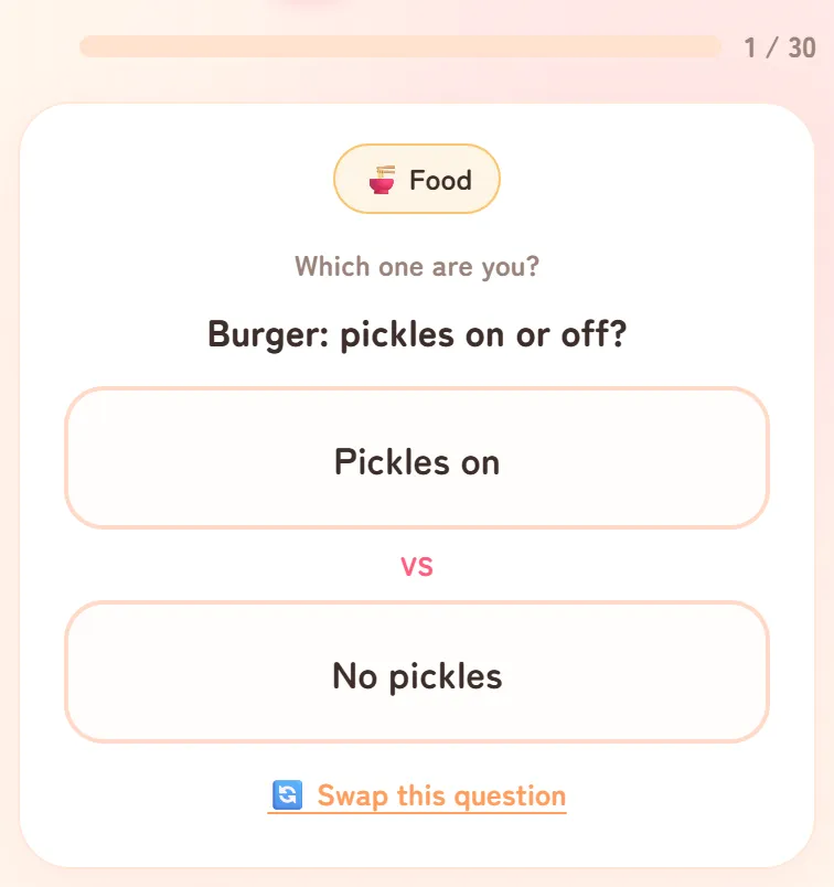 A question screen: the Food category, the prompt Which one are you?, the question Burrito or burrito bowl? with the options Burrito and Bowl, and a Swap this question link underneath